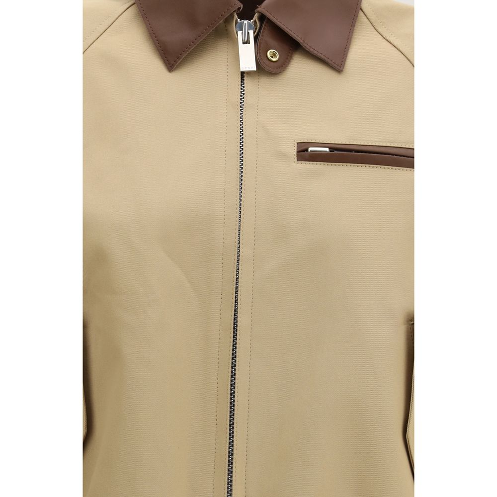 Sacai Beige Cotton Bomber Jacket with Leather Collar