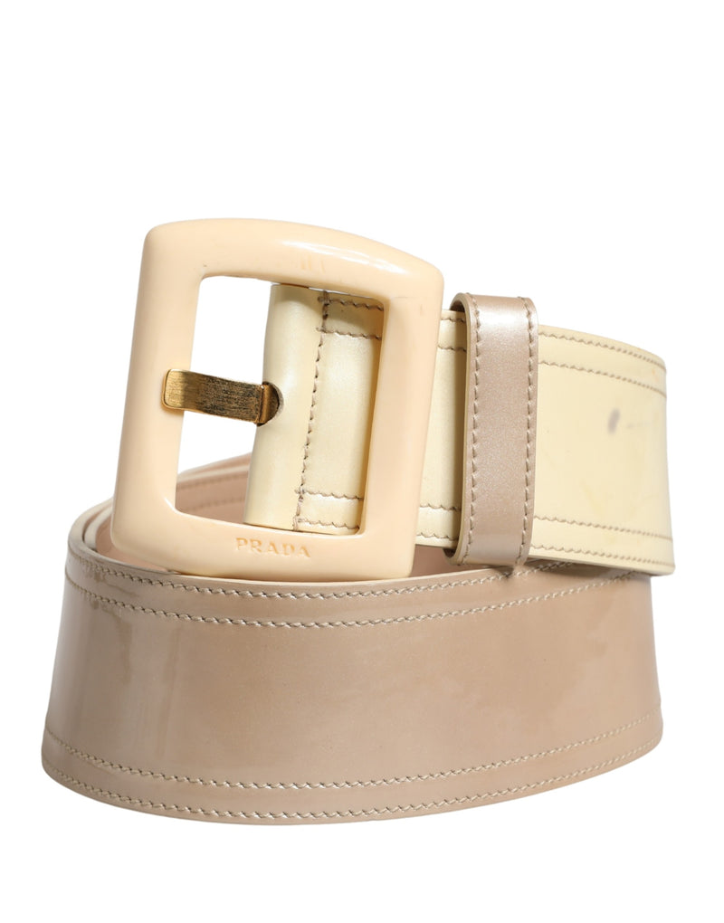 Prada Beige Leather Logo Wide Waist Belt with Square Buckle