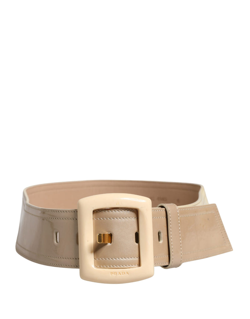 Prada Beige Leather Logo Wide Waist Belt with Square Buckle