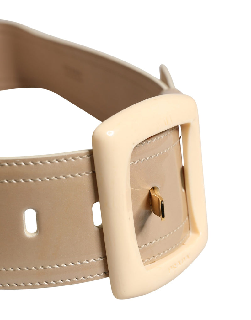 Prada Beige Leather Logo Wide Waist Belt with Square Buckle