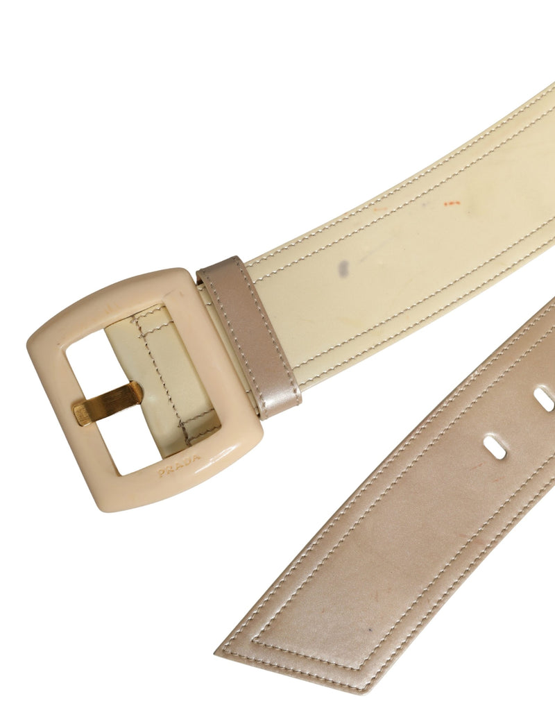 Prada Beige Leather Logo Wide Waist Belt with Square Buckle