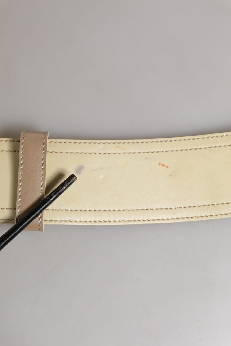 Prada Beige Leather Logo Wide Waist Belt with Square Buckle