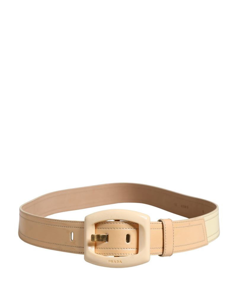 Prada Beige Leather Logo Wide Waist Belt with Square Buckle