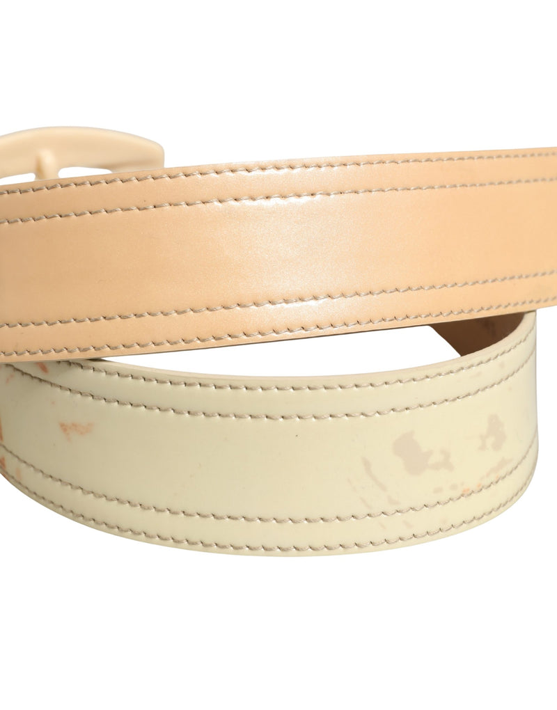 Prada Beige Leather Logo Wide Waist Belt with Square Buckle