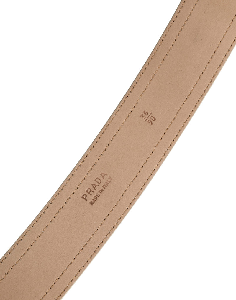 Prada Beige Leather Logo Wide Waist Belt with Square Buckle