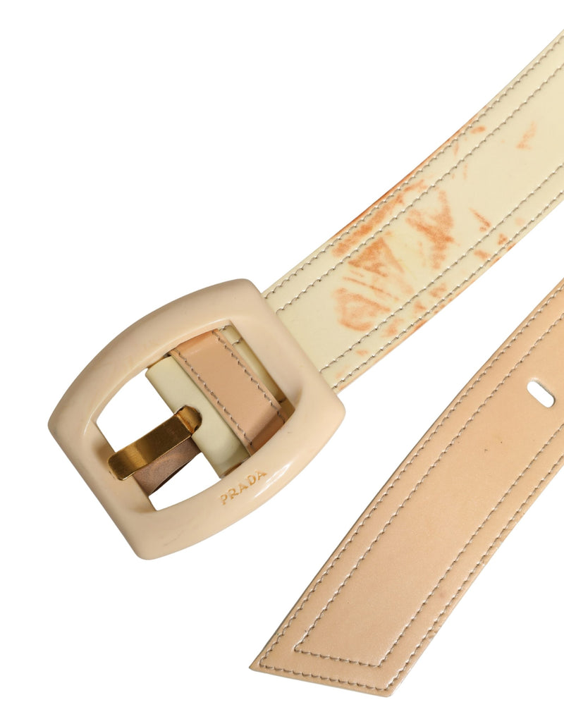 Prada Beige Leather Logo Wide Waist Belt with Square Buckle