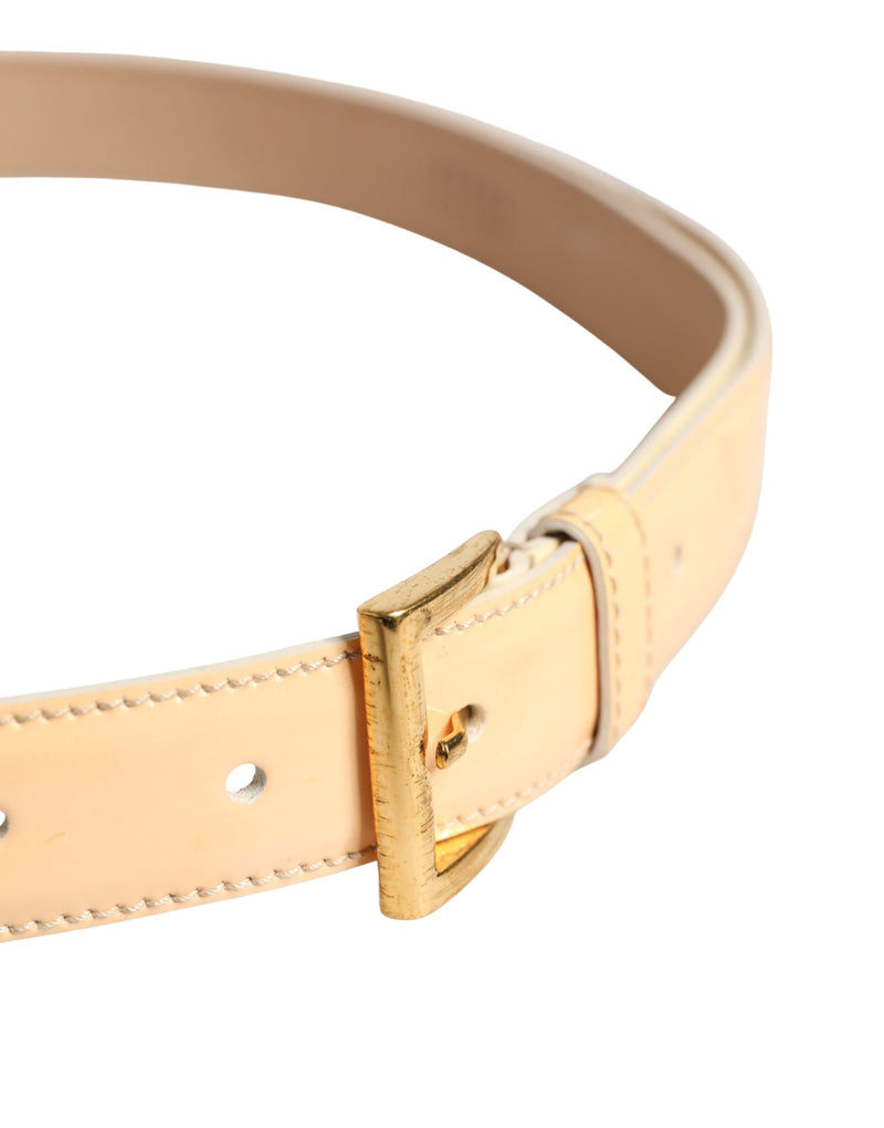 Prada Beige Leather Logo Waist Belt with Gold Metal Buckle