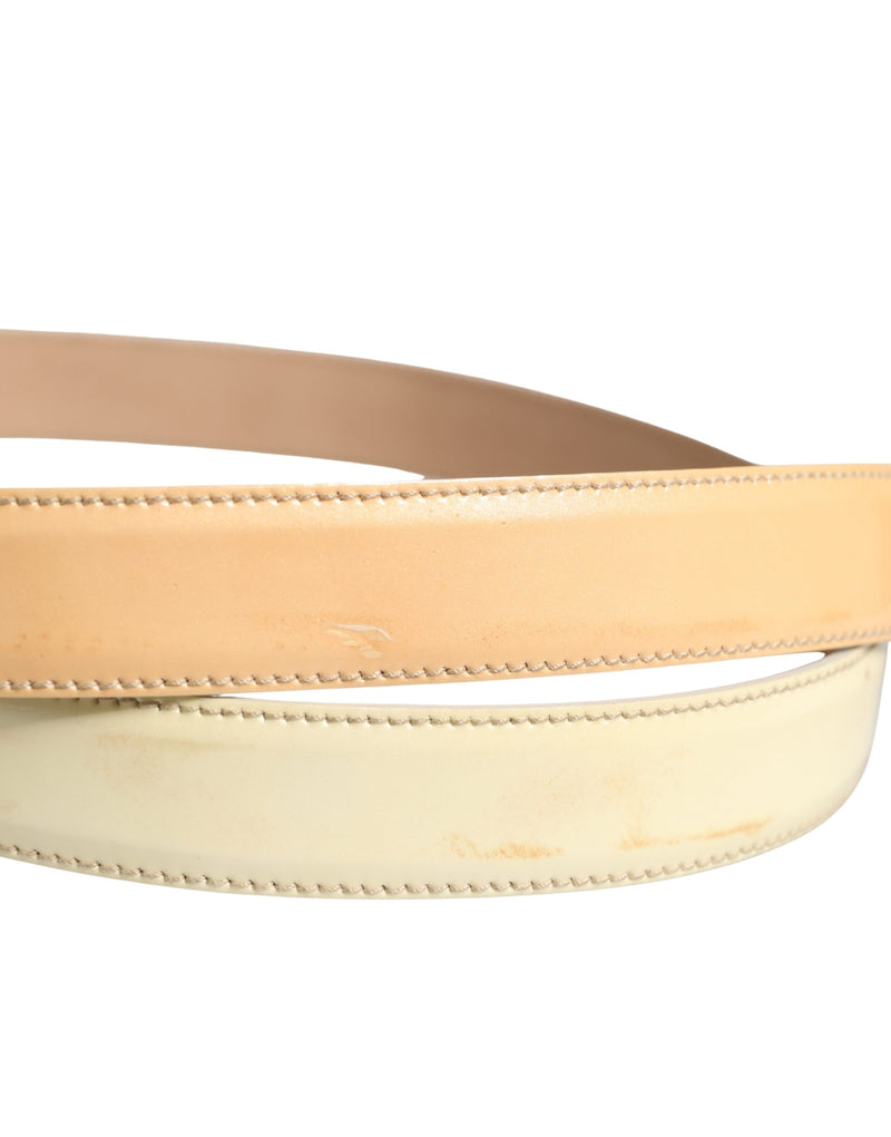 Prada Beige Leather Logo Waist Belt with Gold Metal Buckle