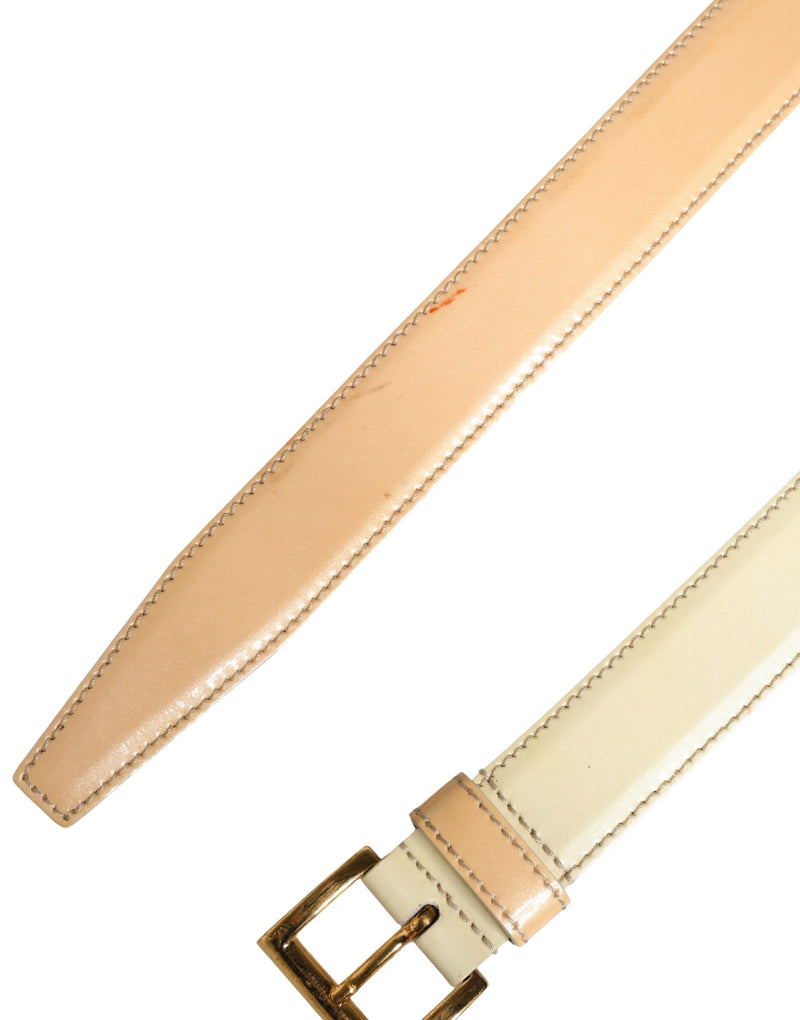 Prada Beige Leather Logo Waist Belt with Gold Metal Buckle