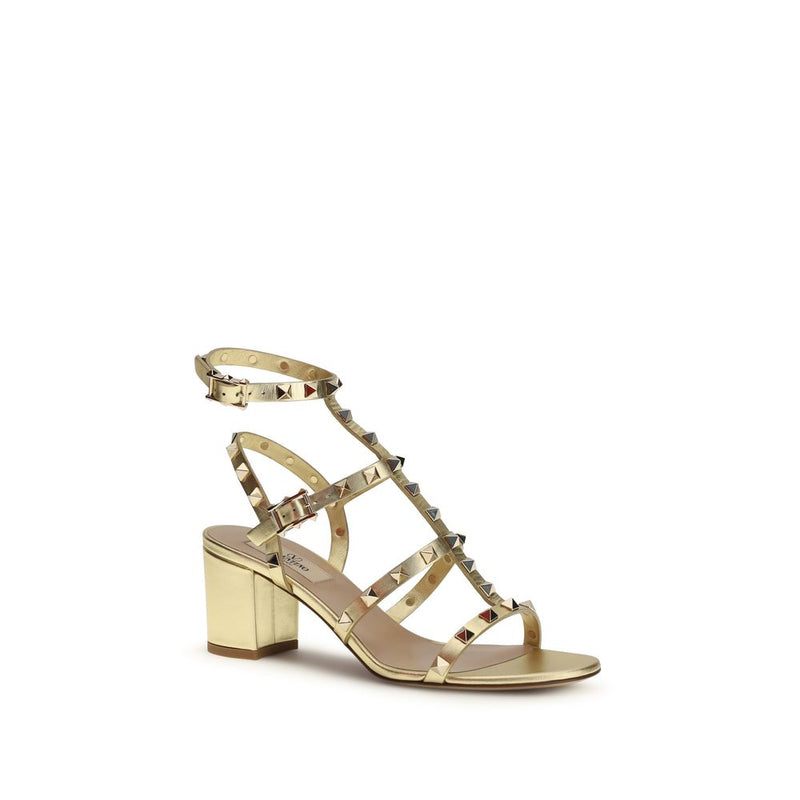 Valentino Garavani Gold Calf Leather Rockstud Strap-On Sandals