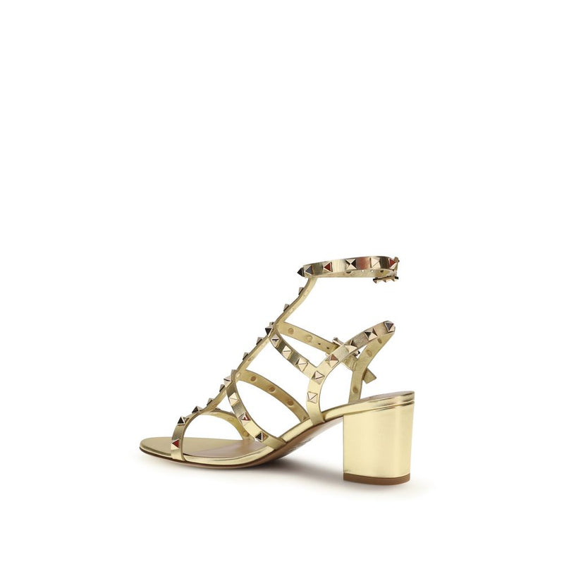 Valentino Garavani Gold Calf Leather Rockstud Strap-On Sandals