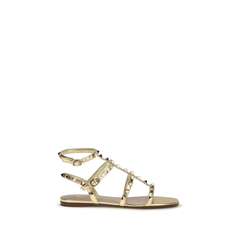 Valentino Garavani Gold Calf Leather Bos Taurus Flat Sandals