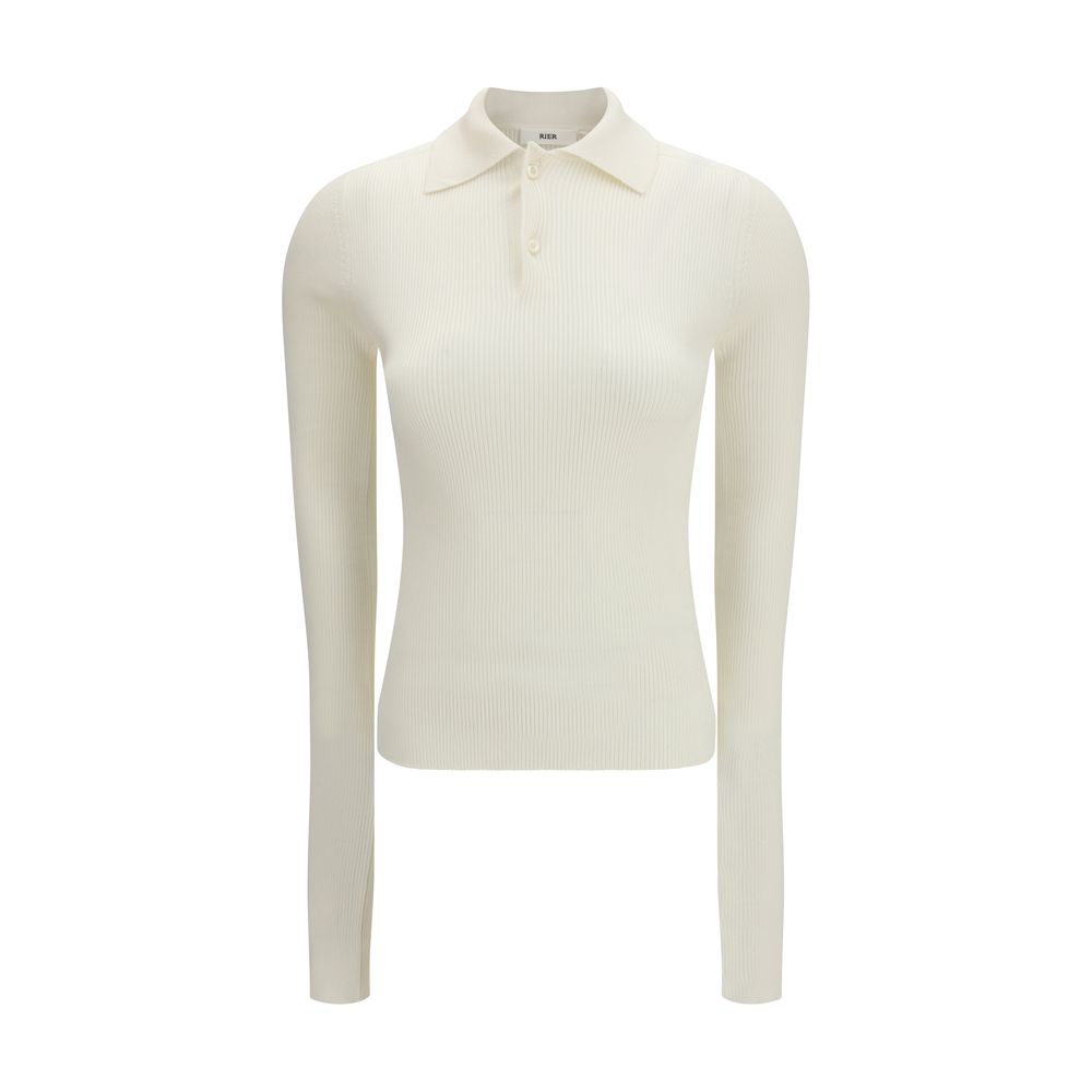 RIER White Silk Polo Shirt - Sophisticated Long Sleeve Top