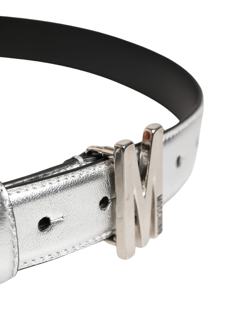Moschino Couture Silver Leather Logo Metal Buckle Waist Belt