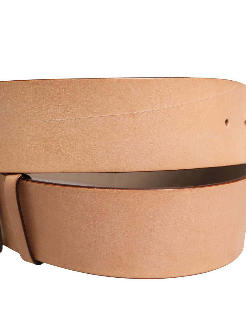 Patrizia Pepe Beige Genuine Leather Wide Waist Belt with Metal Buckle