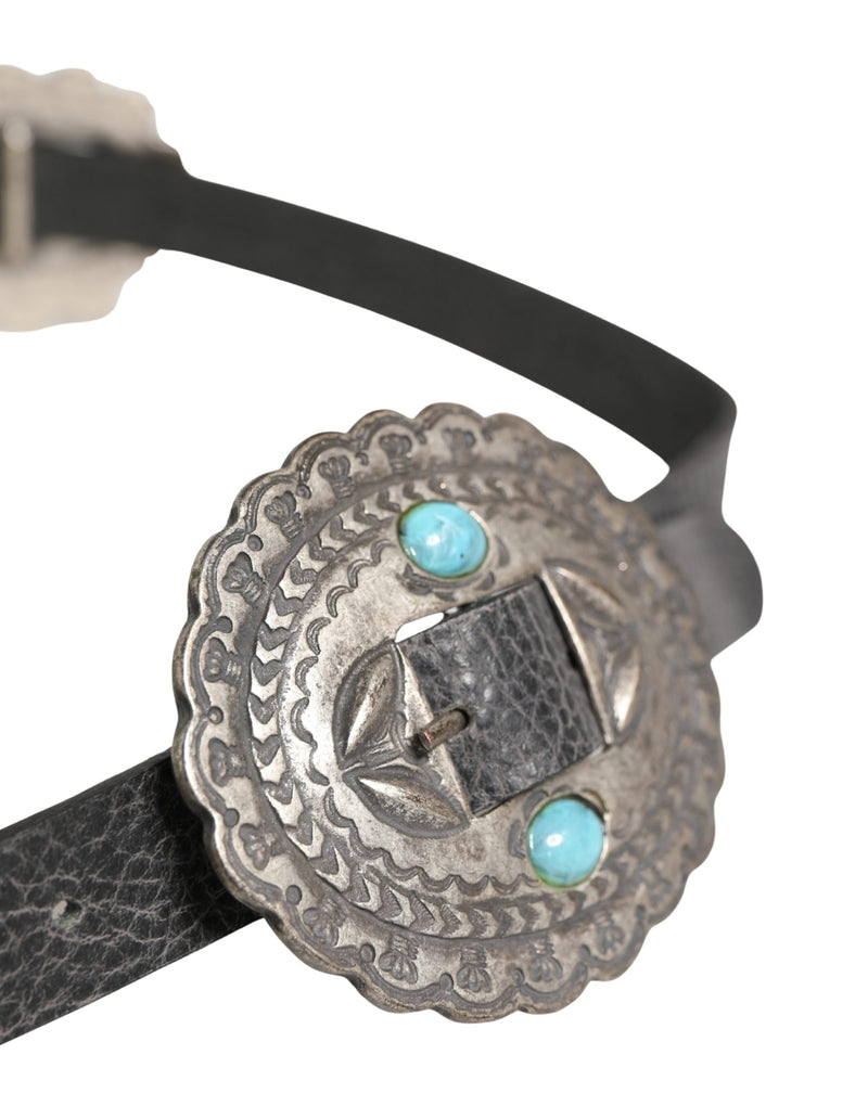 Cavalli Class Black Turquoise Leather Embellished Oval Buckle Belt
