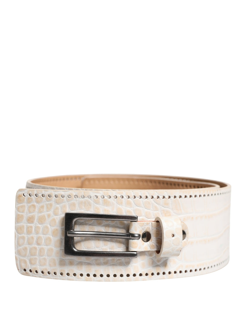 Scervino Street White Textured Leather Wide Belt with Silver Buckle