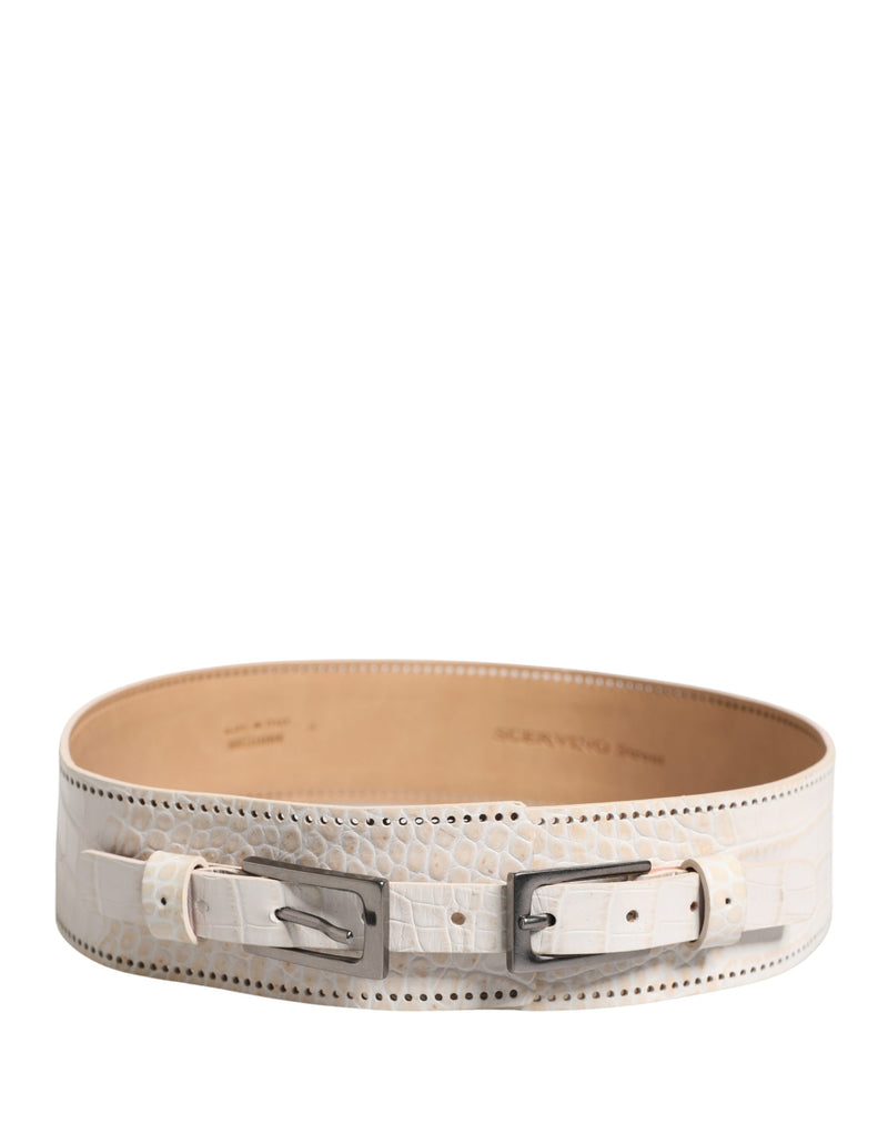 Scervino Street White Textured Leather Wide Belt with Silver Buckle