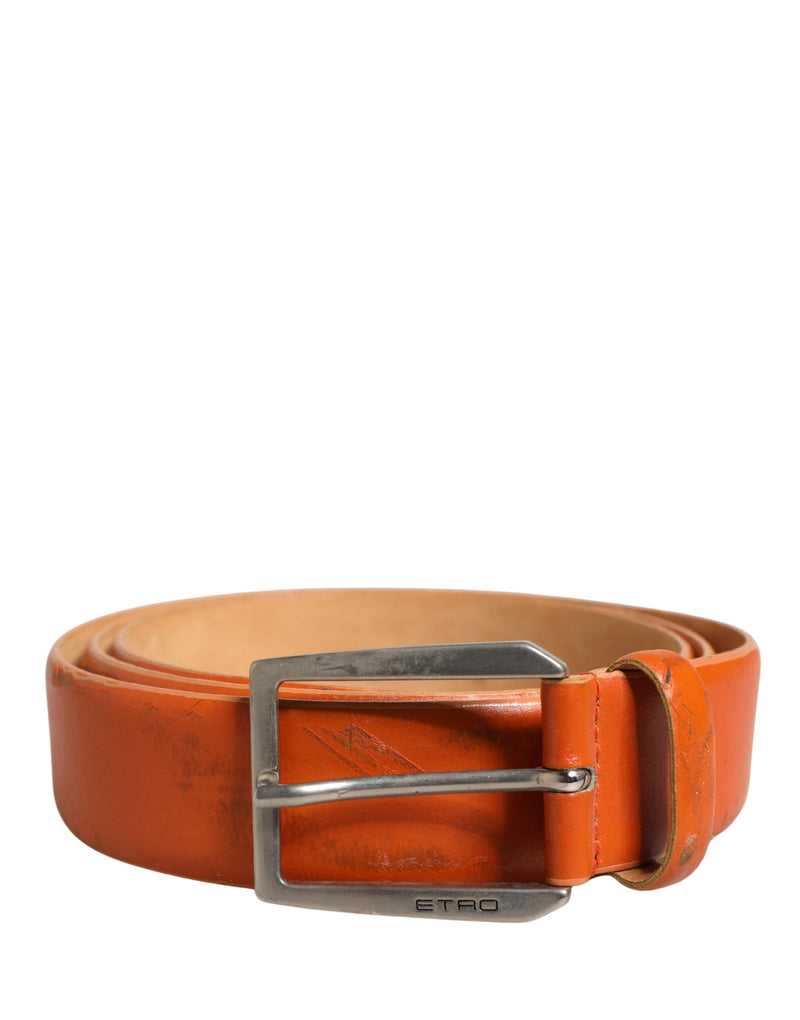 Etro Orange Genuine Leather Waist Belt with Silver Metal Buckle