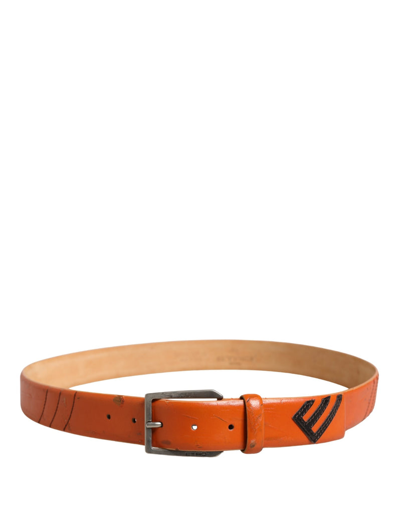 Etro Orange Genuine Leather Waist Belt with Silver Metal Buckle