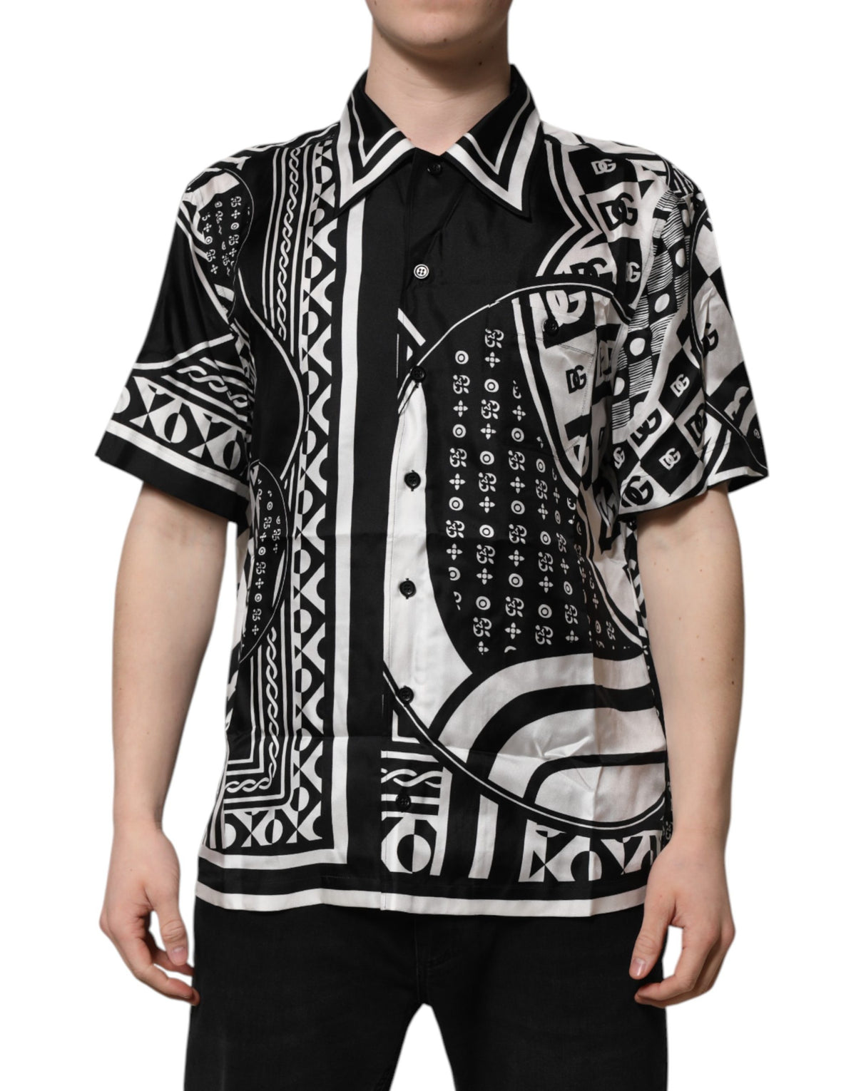 Chemise manches courtes Dolce & Gabbana en soie noire à imprimé logo