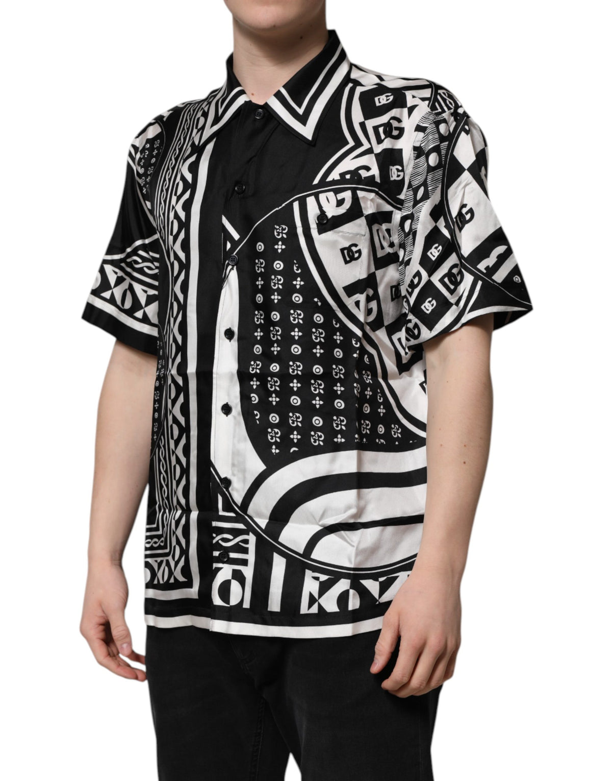 Chemise manches courtes Dolce & Gabbana en soie noire à imprimé logo