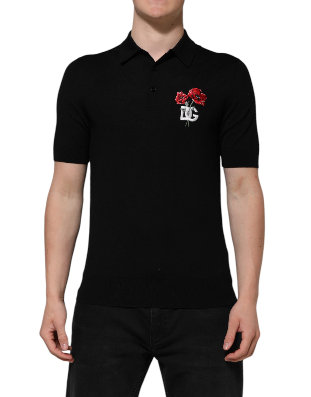 T-shirt Dolce & Gabbana noir en laine à logo fleuri et manches courtes