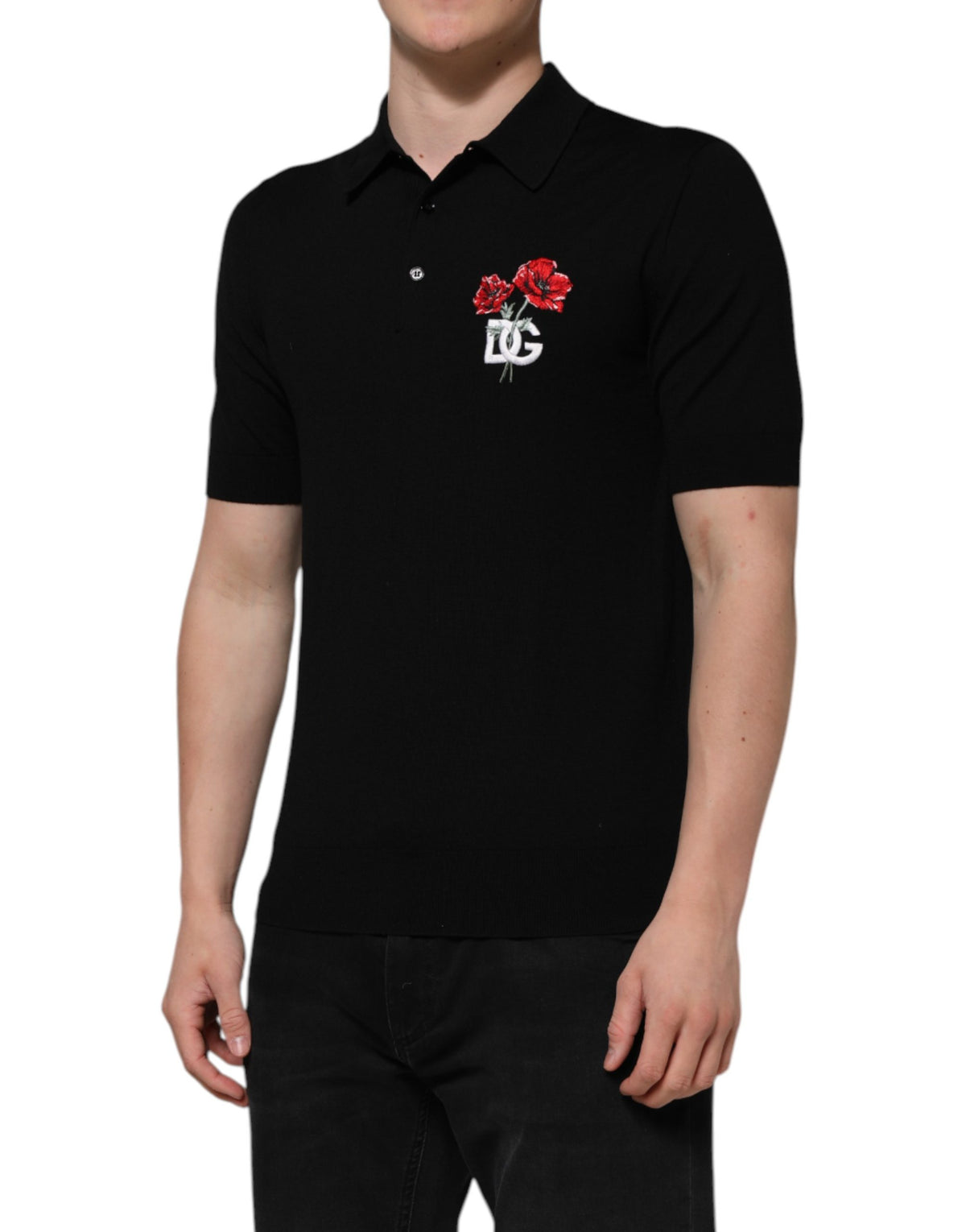 T-shirt Dolce & Gabbana noir en laine à logo fleuri et manches courtes