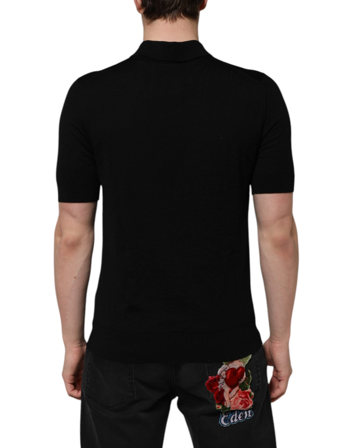 T-shirt Dolce & Gabbana noir en laine à logo fleuri et manches courtes