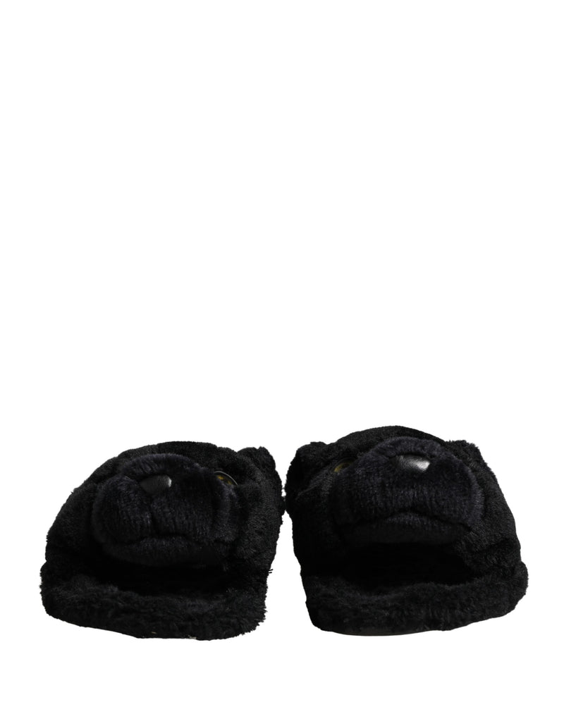 Dolce & Gabbana Black Faux Fur Panther Plush Flat Slides
