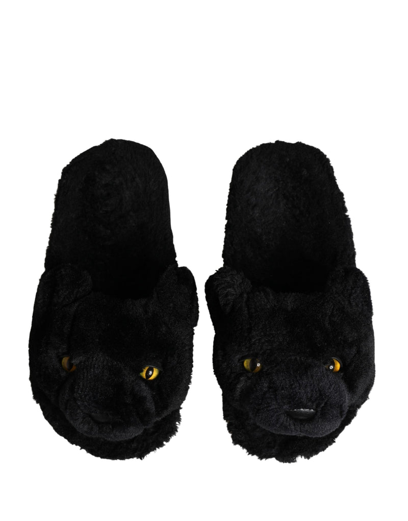 Dolce & Gabbana Black Faux Fur Panther Plush Flat Slides