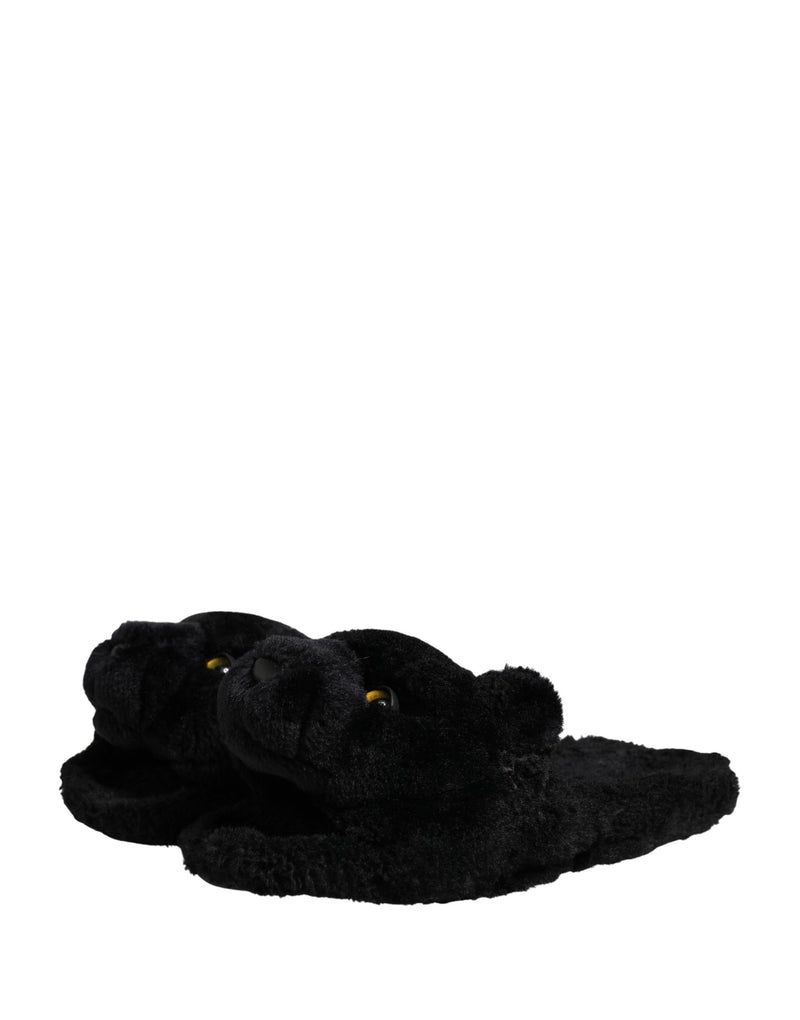 Dolce & Gabbana Black Faux Fur Panther Plush Flat Slides