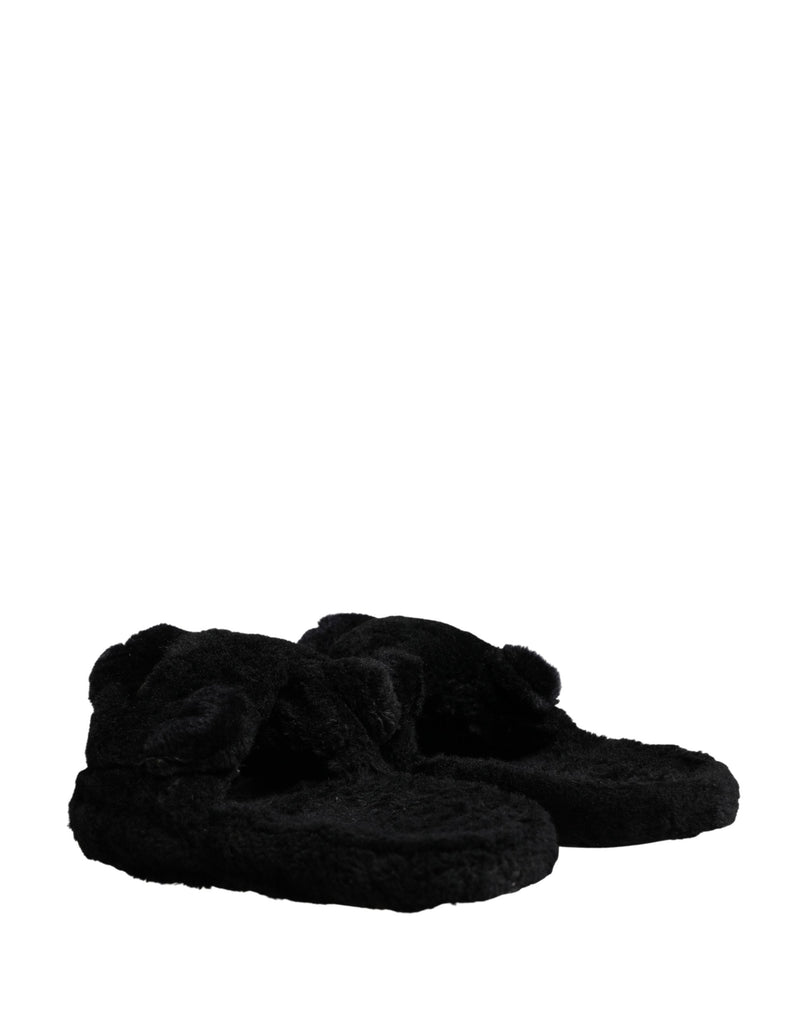 Dolce & Gabbana Black Faux Fur Panther Plush Flat Slides