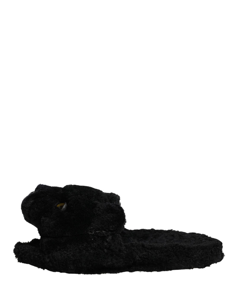 Dolce & Gabbana Black Faux Fur Panther Plush Flat Slides