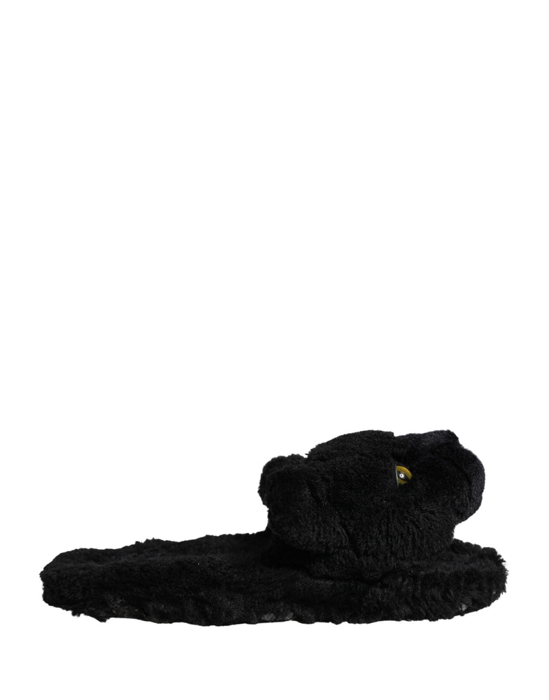 Dolce & Gabbana Black Faux Fur Panther Plush Flat Slides