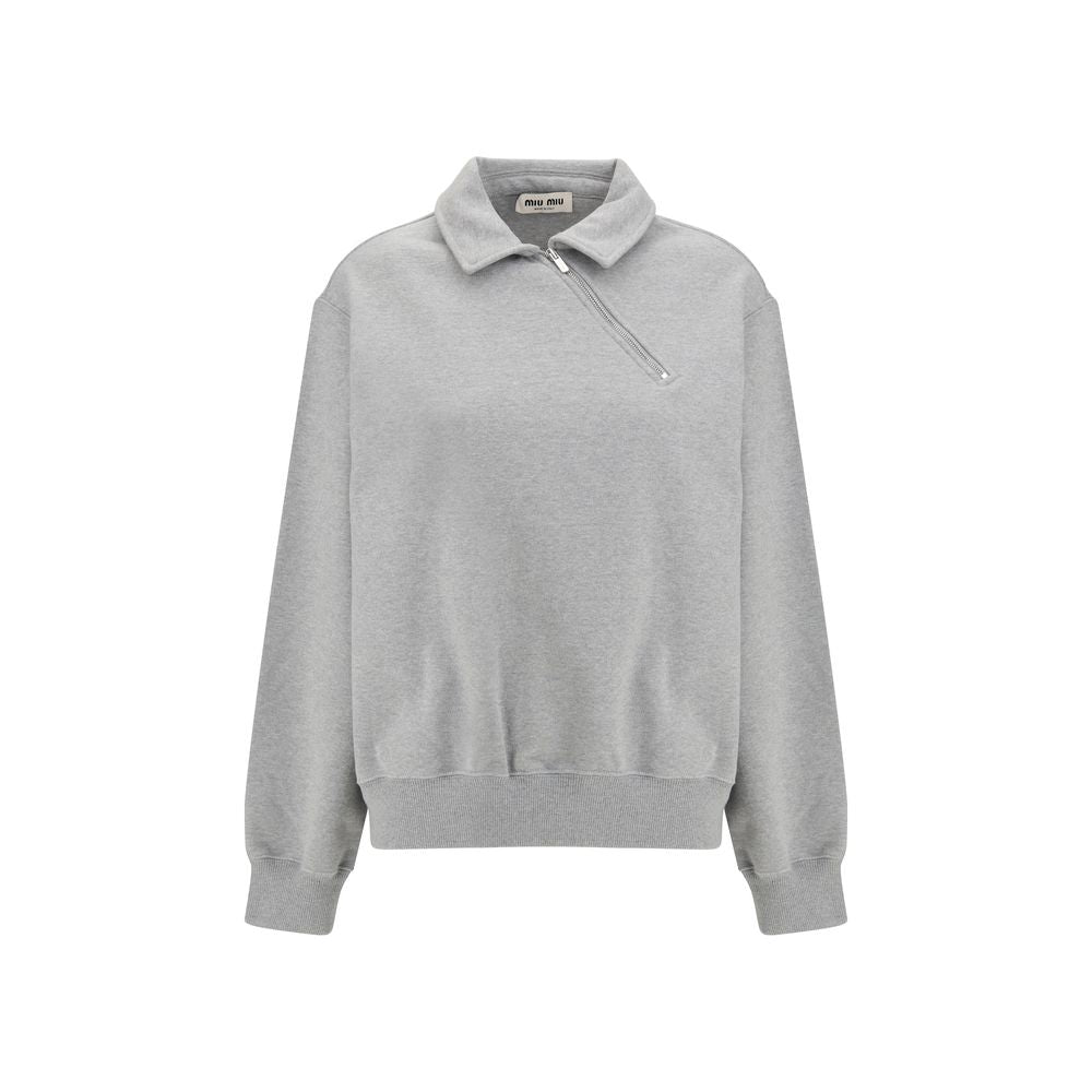 Miu Miu Gray Cotton Oversized Sweatshirt with Zip Closure
