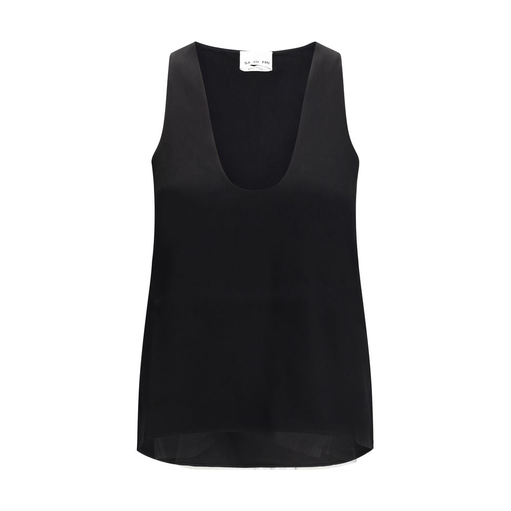 SA SU PHI Black Silk Top - Elegant Sleeveless Design for Women