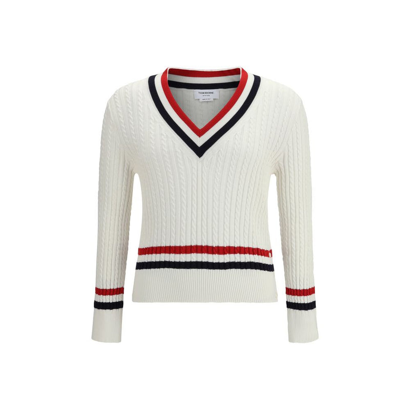 Thom Browne White Cotton Sweater - Intarsia Cable-Knit V-Neck
