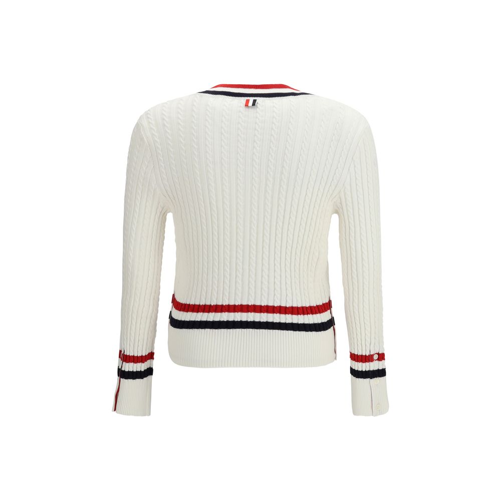 Thom Browne White Cotton Sweater - Intarsia Cable-Knit V-Neck