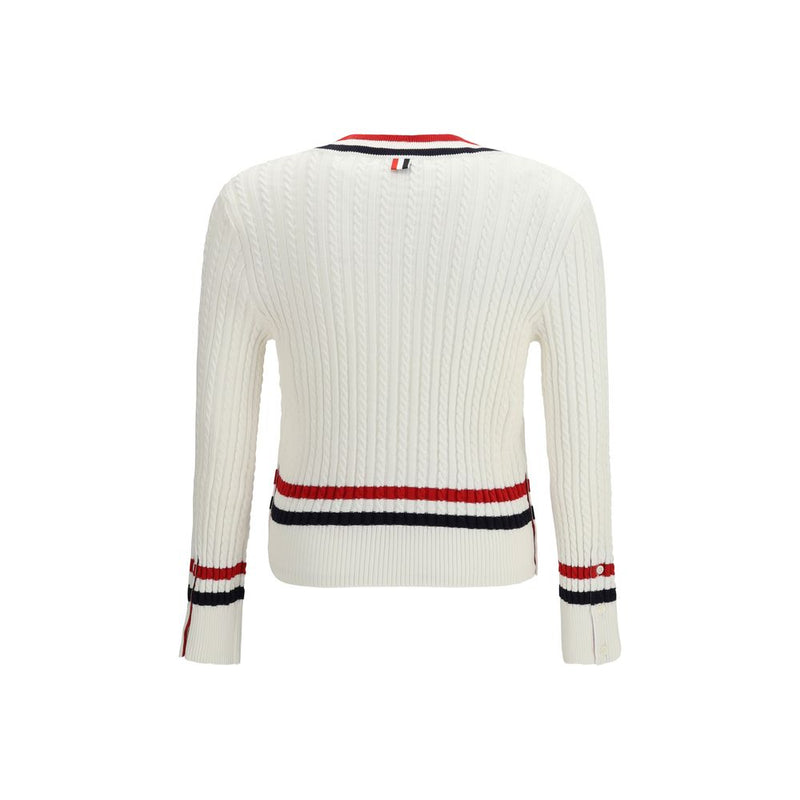 Thom Browne White Cotton Sweater - Intarsia Cable-Knit V-Neck