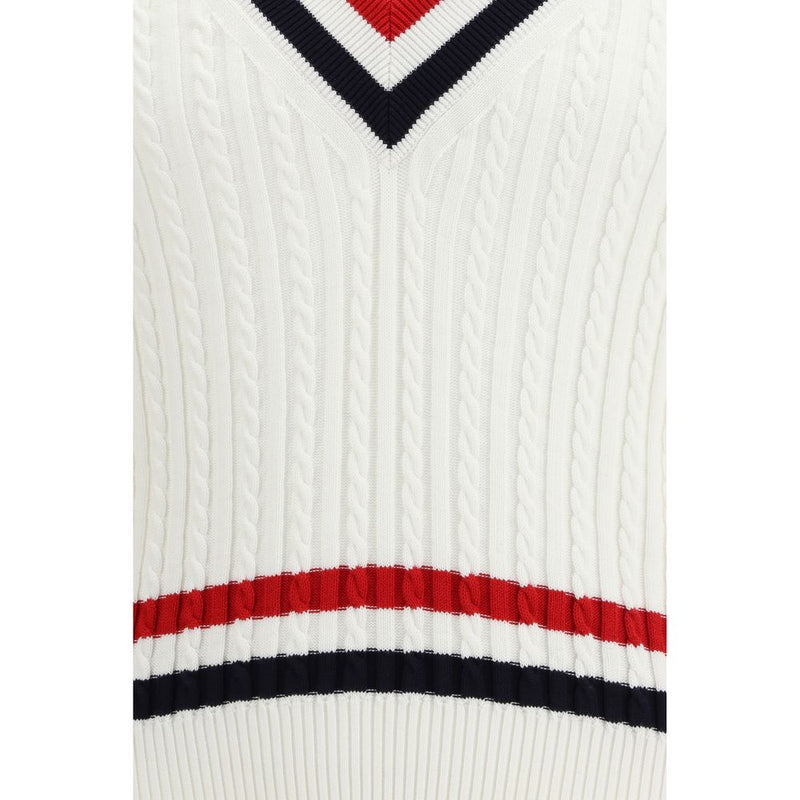Thom Browne White Cotton Sweater - Intarsia Cable-Knit V-Neck