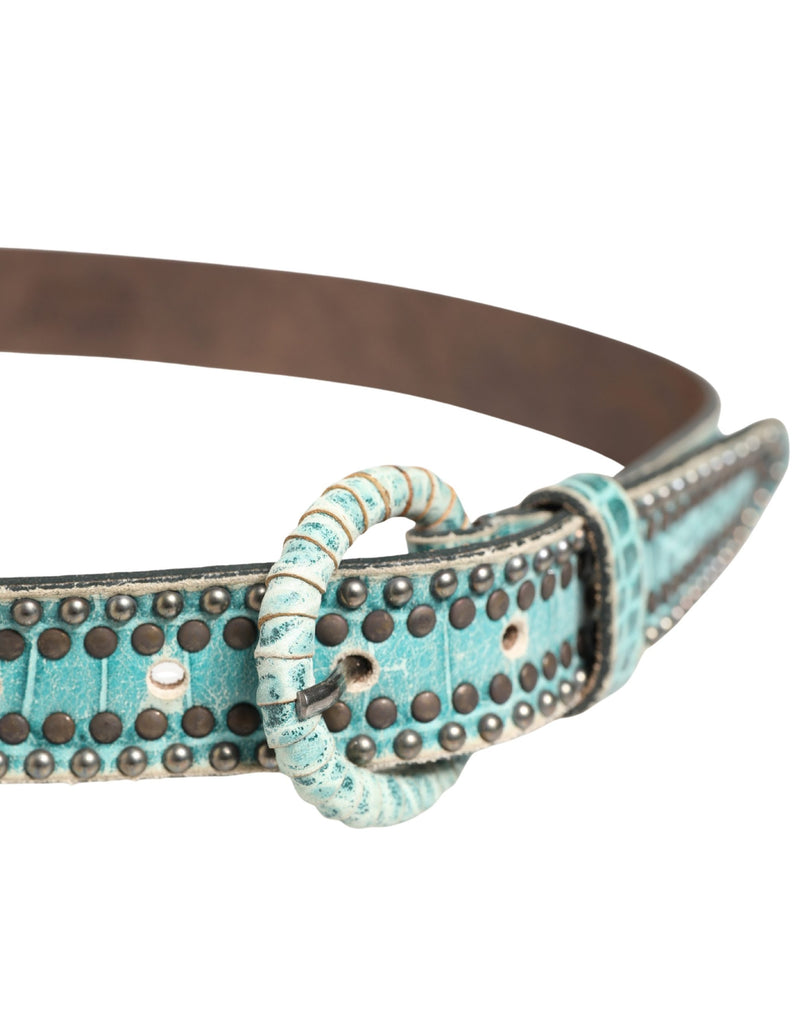 Scervino Street Women Green Leather Croco Print Studded Belt