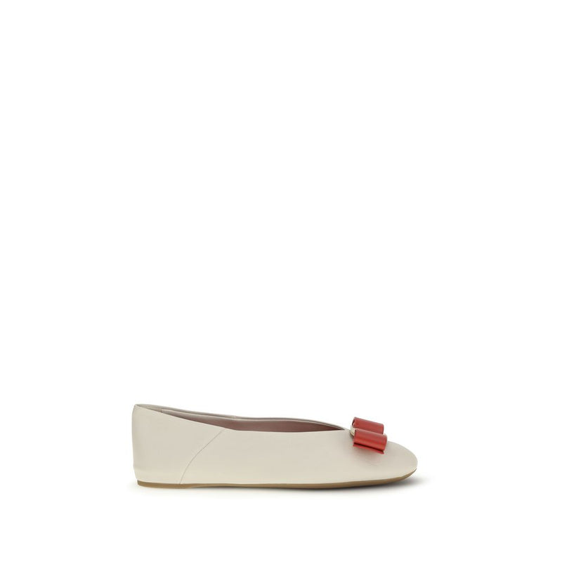 Ferragamo White Calf Leather Vara Bow Ballet Flats