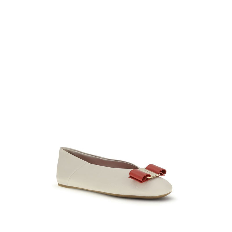 Ferragamo White Calf Leather Vara Bow Ballet Flats