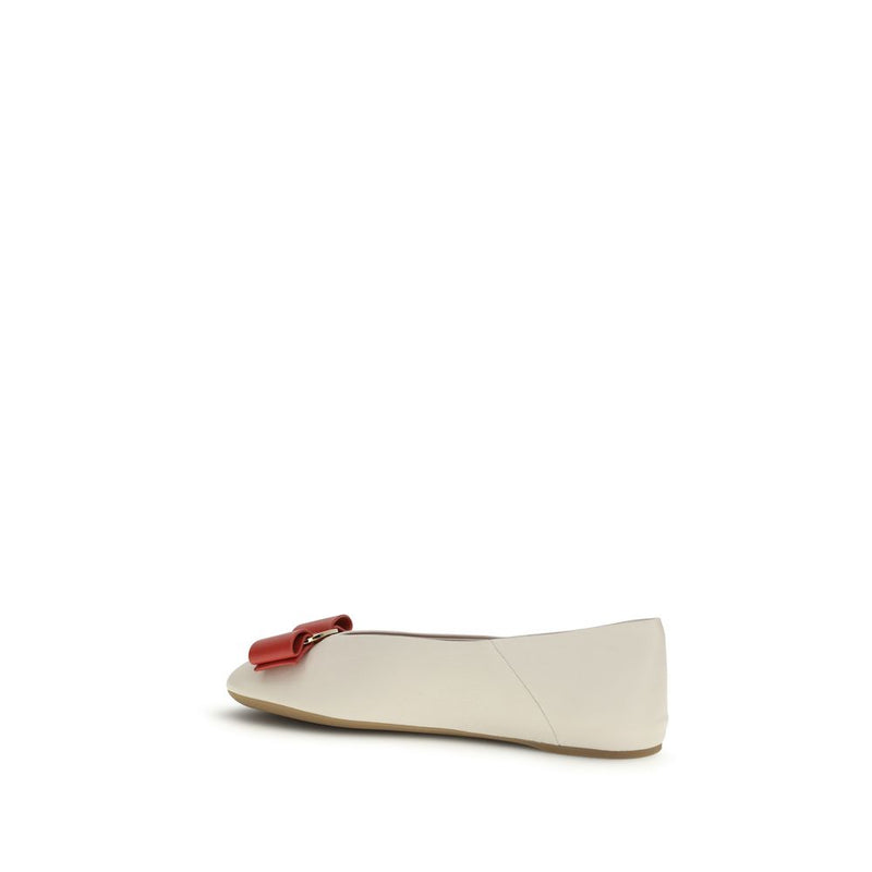 Ferragamo White Calf Leather Vara Bow Ballet Flats