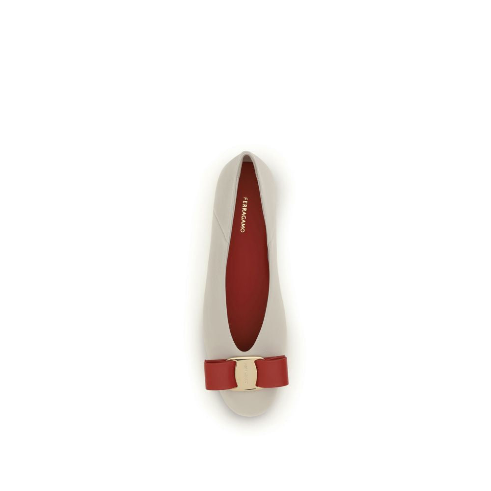 Ferragamo Vara Bow White Calf Leather Ballet Flats