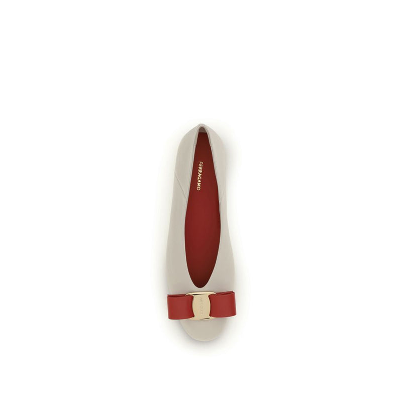 Ferragamo White Calf Leather Vara Bow Ballet Flats