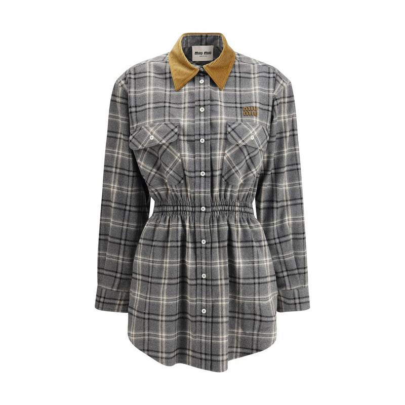 Miu Miu Gray Cotton Casual Mini Dress with Velvet Collar