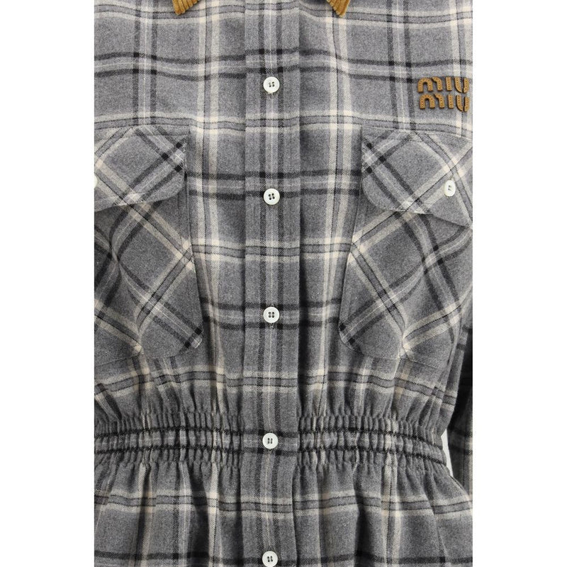 Miu Miu Gray Cotton Casual Mini Dress with Velvet Collar