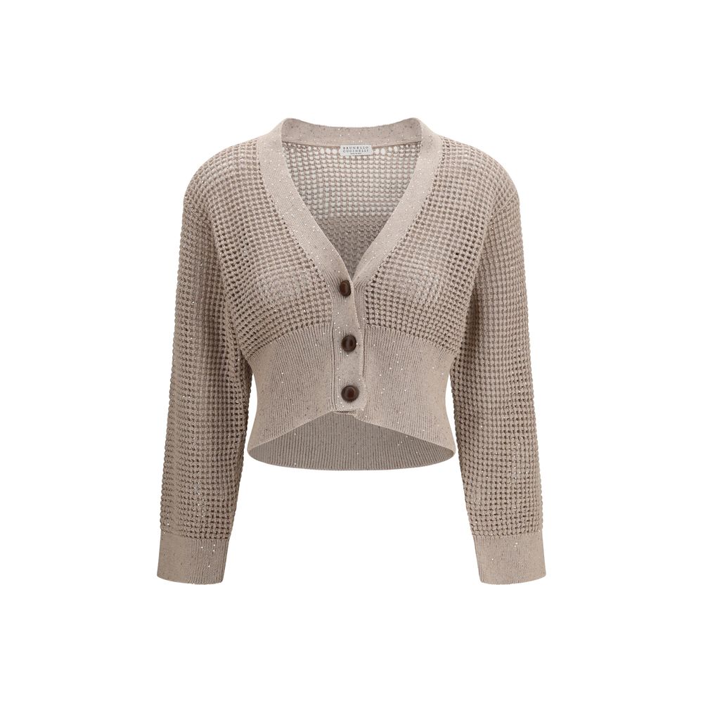 Brunello Cucinelli Beige Cotton Cardigan with Sequined Mesh